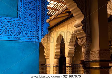 Marrakesh, Morocco - Jan 2019: Moroccan Architecture Traditional Arabian Design - Rich Riyad Arch Mo