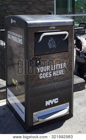 Bronx, New York/usa - May 19, 2019: Bigbelly Solar-powered Waste Compactor On Sidewalk.