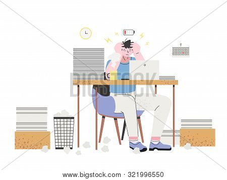Professional Burnout Concept. A Male Employee Is Tired, Frustrated And Emotionally Exhausted. Stress