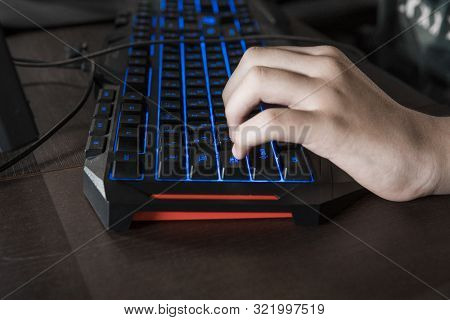 Gamer Keyboard With Colorful Blue Lights, Modern Gamer Computer. Blue Backlight, Backlit On Laptop O