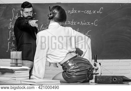 Sex And Sexual Education. Sexual Partners In Class. Bearded Man Point Finger At Sexual Woman. Learni