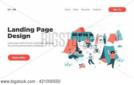 Summer Festival And Tourist Group Camping Outdoor. Flat Vector Illustration. People Enjoying Nature 
