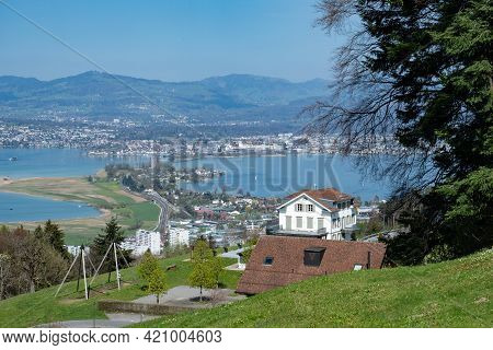 Etzel, Switzerland - April 23rd 2021: View From Etzel To The Dam Of Lake Zurich
