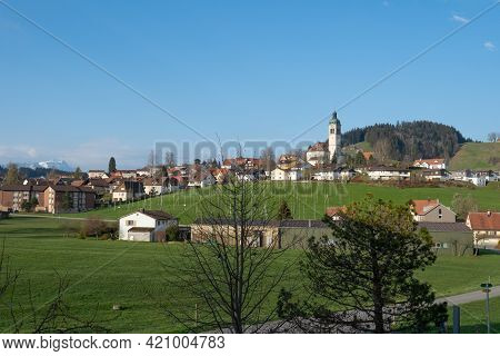 View Of The Village Of Speicher, Switzerland, With Surrounding Fields And Hills