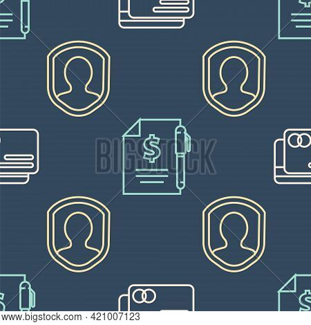 Set Line Credit Card, User Protection And Contract Money And Pen On Seamless Pattern. Vector