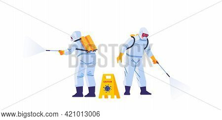 Disinfecting Workers Wear Protective Masks And Spacesuits Against Pandemic Coronavirus Or Covid-19 S