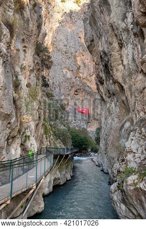 Entrance to the Saklikent canyon in Mugla province, Turkey. Saklikent Canyon is 300 meters deep and 18 km long.