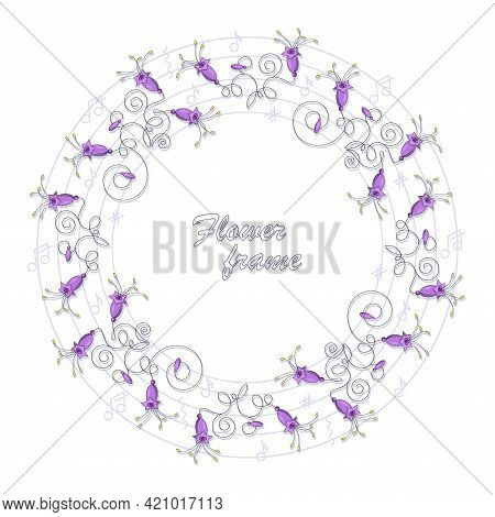 Musical Bells. Campanula Bell. Vector Flowers Frame, Border. Purple Campanula Bells On The Stem With