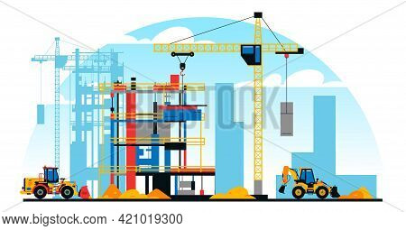 A Building Under Construction Against The Background Of A City Under Construction. A Site With Heavy