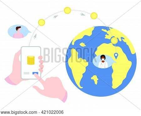 Vector Illustration Hands Hold Cell Phone Mobile Money Transfer Online Around The World Financial Op