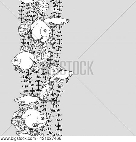 Vertical Seamless Pattern, White Aquarium Fish In Algae, Goldfish, Swordfish And Guppy, For Frame An