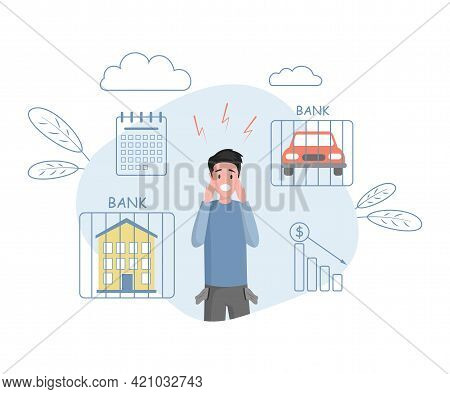 Bankruptcy Vector Flat Illustration. Young Man With Empty Pockets. Budget Collapse, Investment Failu