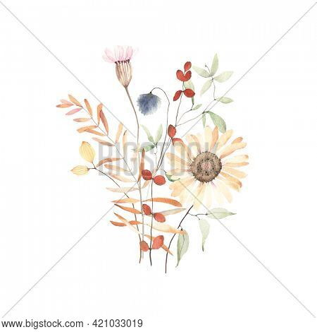 Watercolor floral print with wildflowers, branches and leaves in herbarium style. Dry flowers and plants isolated on white background, ikebana hand painting image, bouquet in pastel colors.