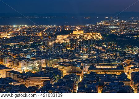 Famous greek tourist landmark - the iconic Athens view and Parthenon Temple at the Acropolis of Athens as seen from Mount Lycabettus, Athens, Greece