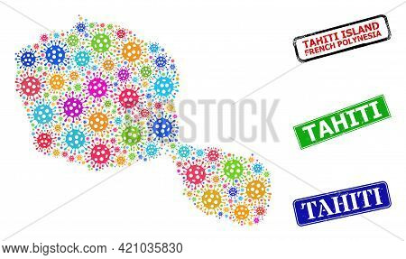 Vector Bacterium Collage Tahiti Island Map, And Grunge Tahiti Seals. Vector Multi-colored Tahiti Isl