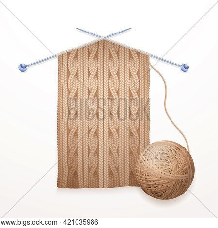 Two Single Pointed Needles With Modern Cable Scarf Knitting And Beige Yarn Ball Composition Abstract