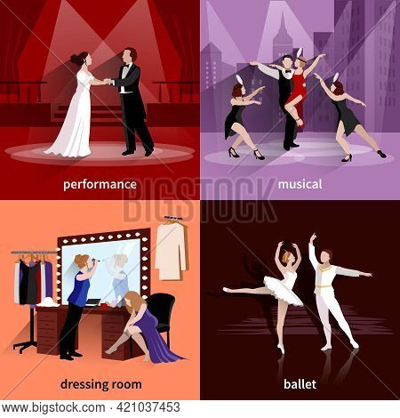 People On Theater Scenes Performance Musical Ballet And In Dressing Room Flat 2x2 Images Set Vector 