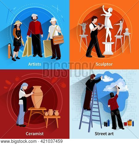 Flat 2x2 Images Set Of Artists Sculptor Ceramist And Street Art Painters Vector Illustration