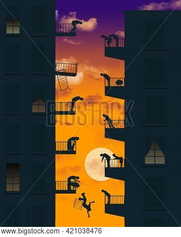 Residents Of Apartment Building Watch From Their Patio Balconies As One Resident Falls When His Pati