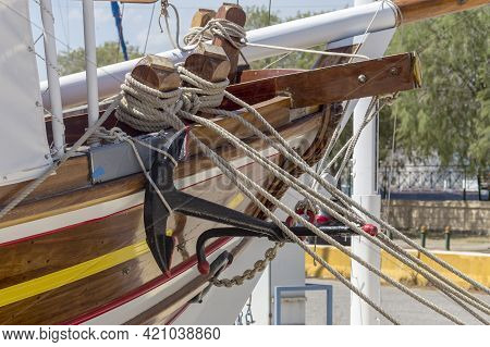 Folded, Old Mooring Cable For Fixing The Vessel To The Berth Or Board Of Another Ship And Anchor Clo