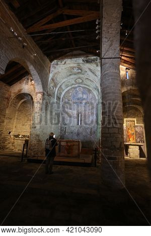 Lleida, Spain, May 1, 2020 - Interior And Ensemble Fresco Paintings Pantocrator Church Sant Climent 