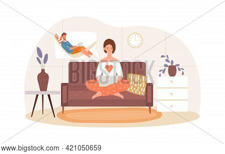 Male And Female Characters Are Spending Time At Home Together. Cheerful Woman Sitting With Laptop On