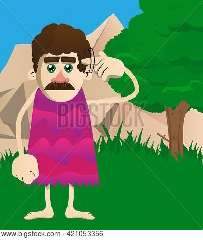 Cartoon Prehistoric Man Shows A You're Nuts Gesture By Twisting His Finger Around His Temple. Vector