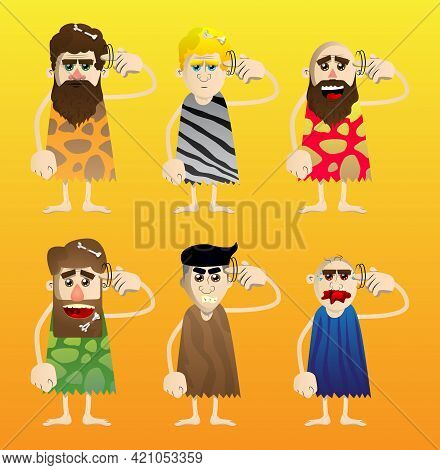 Cartoon Prehistoric Man Shows A You're Nuts Gesture By Twisting His Finger Around His Temple. Vector