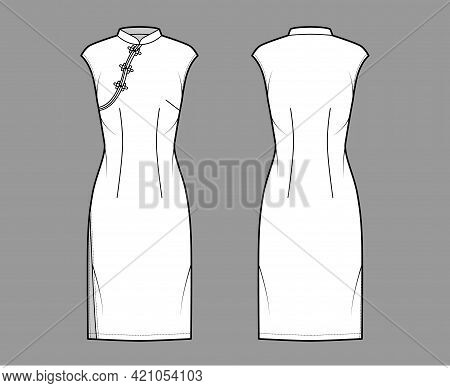 Dress Qipao Cheongsam Technical Fashion Illustration With Short Sleeves, Fitted Body, Knee Length Pe