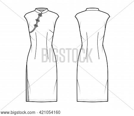 Dress Qipao Cheongsam Technical Fashion Illustration With Short Sleeves, Fitted Body, Knee Length Pe