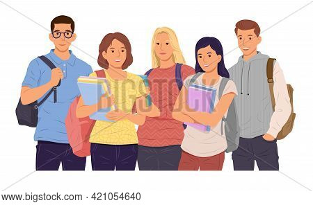 Group Of Young Girls And Boys Students Holding Book On White Background. Happy Teenager In Casual Cl