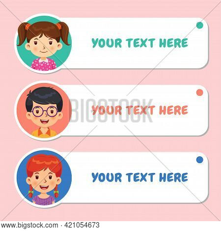 Labels With A Cute Happy Kid. Funny Cartoon Character. Vector Illustration