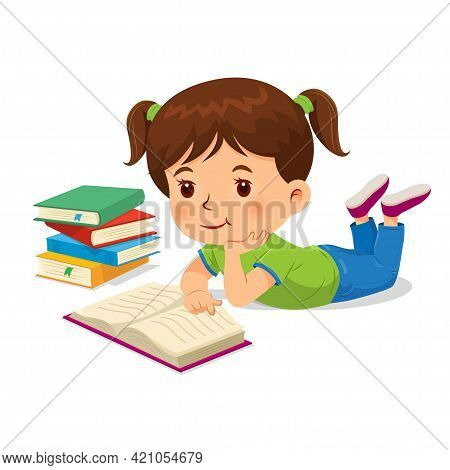 Vector Illustration Of Happy Girl Reading A Book