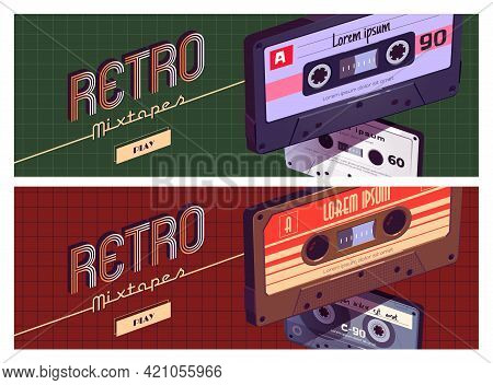 Retro Mixtapes Cartoon Banner, Audio Record Player Online Or Mobile Application With Mix Tapes Casse