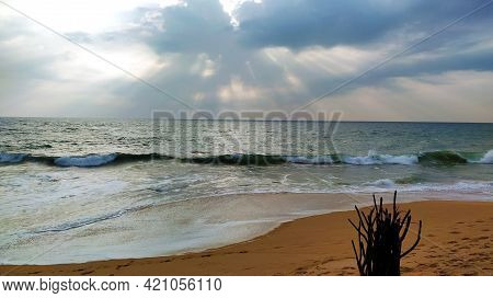 A Scenic View Of Golden Cloudy Sunset At The Fabulous Shallow Beach With A Beautiful Decoration Of F