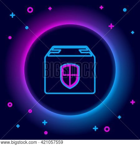 Glowing Neon Line Delivery Pack Security Symbol With Shield Icon Isolated On Black Background. Deliv