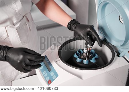 Close Up Of Scientist Hands In Black Sterile Gloves Placing Test Tube With Blood Sample In Centrifug