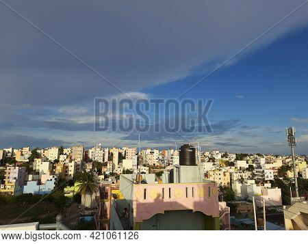 Closeup Of Beautiful Heaven Sky With Cityscape And Downtown View Of Laggere Area At Bengaluru In A M