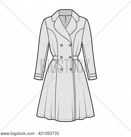 Dress Coat Trench Technical Fashion Illustration With Double Breasted, Long Sleeve, Fitted Body, Kne
