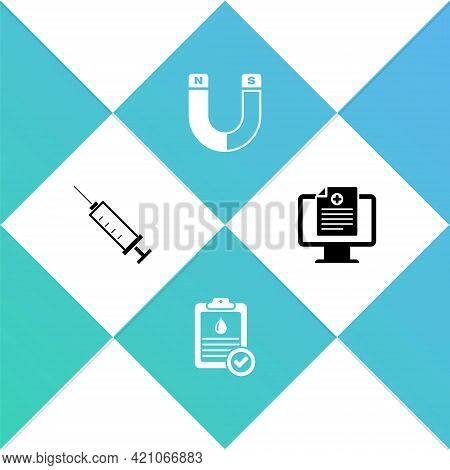 Set Syringe, Clipboard With Blood Test, Magnet And Clinical Record On Monitor Icon. Vector