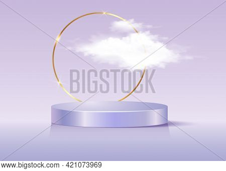 3d Platform Studio Display Minimal Scene, Gold Round Frame And Fluffy Cloud. Studio Blue Pedestal Fl