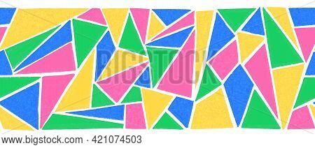 Seamless Border Abstract Triangle Shapes. Repeating Childish Horizontal Pattern Hand Drawn Pink Blue