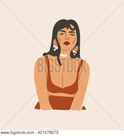 Hand Drawn Vector Abstract Stock Flat Graphic Contemporary Line Art, Aesthetic Fashion Illustration 