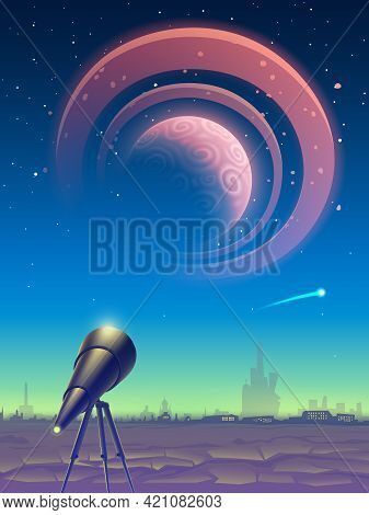 Fantasy Landscape With Telescope And View On Space With Magic Pink Planet Like Jupiter Or Saturn Wit