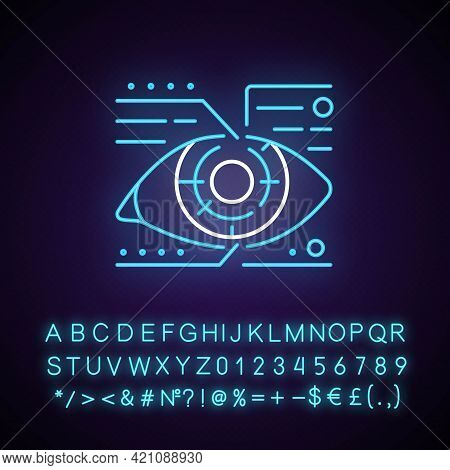 Lens Microcircuit Neon Light Icon. Android Eye With Specs Info. Cyberpunk Face Augmentation. Outer G
