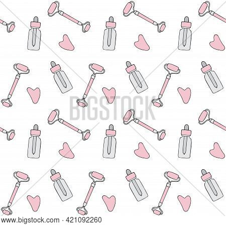 Vector Seamless Pattern Of Hand Drawn Doodle Sketch Pink Colored Gua Sha Jade Roller And Oil Bottle 