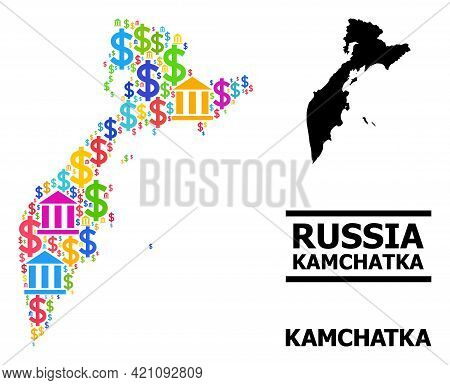 Colorful Financial And Dollar Mosaic And Solid Map Of Kamchatka Peninsula. Map Of Kamchatka Peninsul