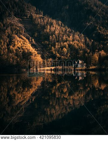 Mountain Lake Langbathsee With Reflection In Upper Austria During Sunset