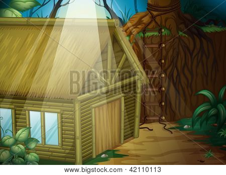 Illustration af et hus i skoven