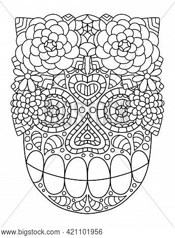 Hand-drawn Skull With Flower Wreath Ornamental Linear Stock Vector Illustration. Happy Dia De Muerto